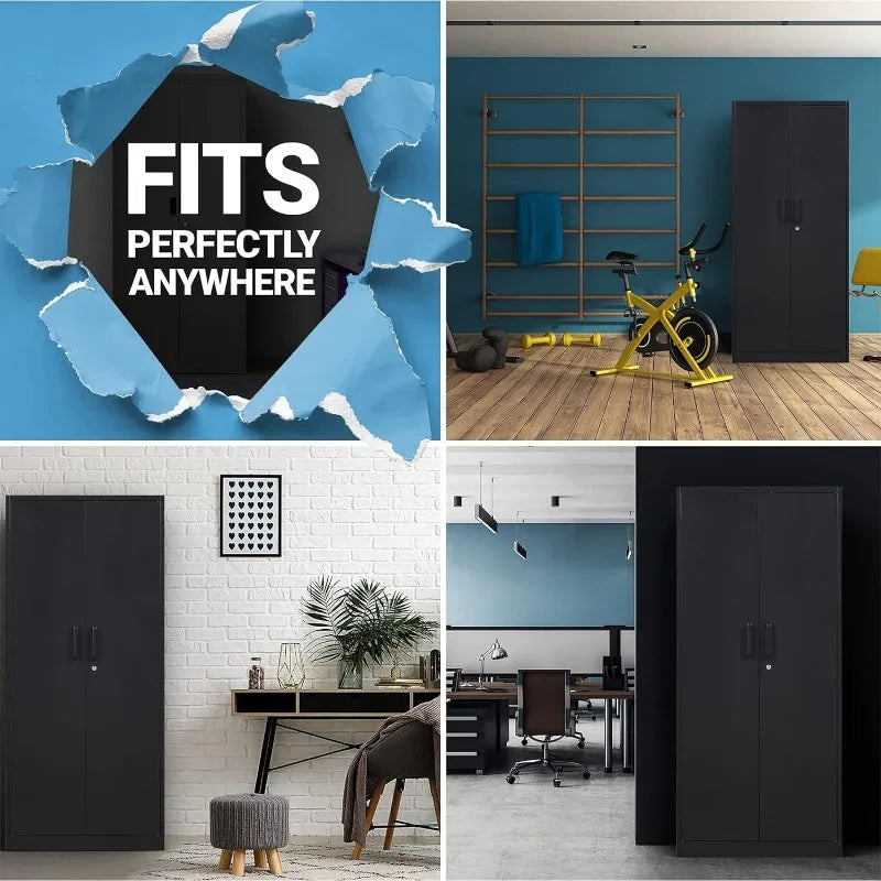 Lockable Metal Storage Cabinet with Adjustable Shelves, Garage & Office Use