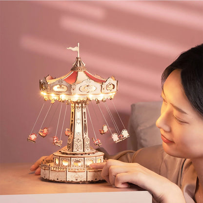DIY Swing Ride Music Box, 3D Wooden Puzzle Amusement Park Toy for Kids & Adults