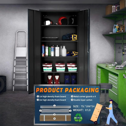 Lockable Metal Storage Cabinet with Adjustable Shelves, Garage & Office Use