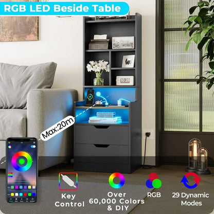 Tall Nightstand with Charging Station & LED Lights, White W/ Bookshelf, Drawers