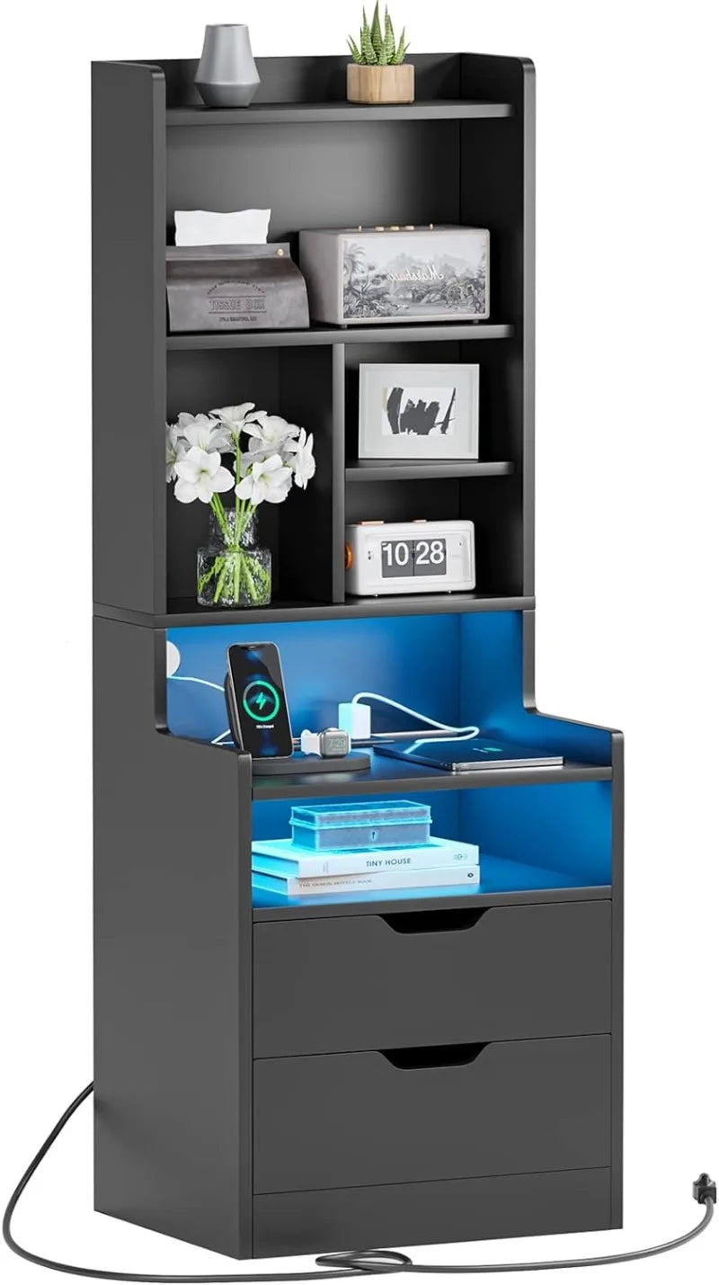 Tall Nightstand with Charging Station & LED Lights, White W/ Bookshelf, Drawers