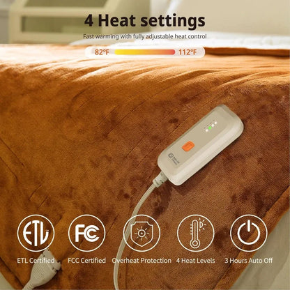 Electric Heated Blanket 50''x60'' Soft Plush, 4 Heat Levels, 3-Hour Auto Off