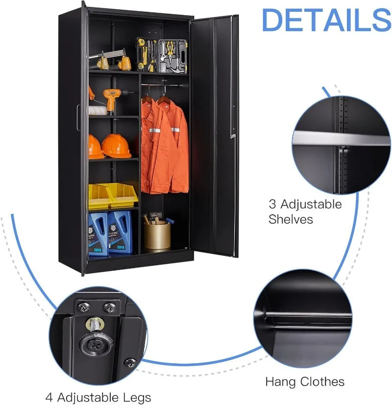 Lockable Metal Storage Cabinet with Adjustable Shelves, Garage & Office Use