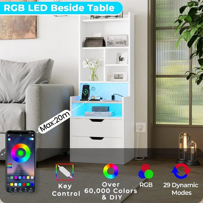Tall Nightstand with Charging Station & LED Lights, White W/ Bookshelf, Drawers