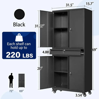 Lockable Metal Storage Cabinet with Adjustable Shelves, Garage & Office Use
