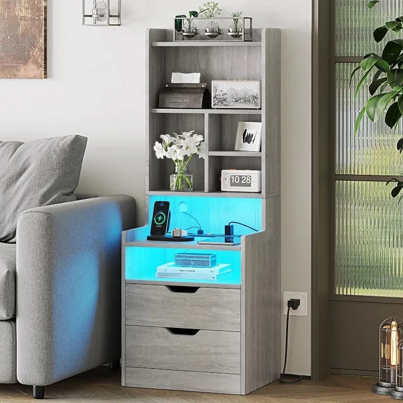 Tall Nightstand with Charging Station & LED Lights, White W/ Bookshelf, Drawers