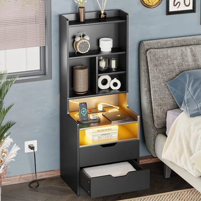 Tall Nightstand with Charging Station & LED Lights, White W/ Bookshelf, Drawers