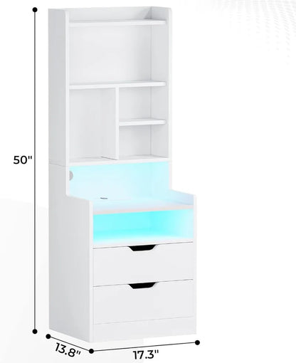 Tall Nightstand with Charging Station & LED Lights, White W/ Bookshelf, Drawers