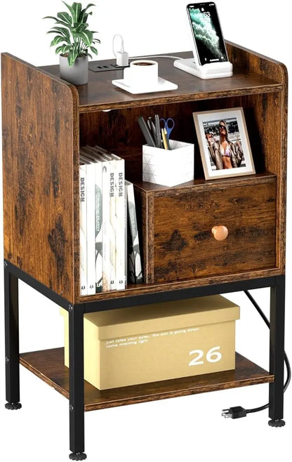 Nightstand with Charging Station, 3-Tier End Table with Storage Drawers