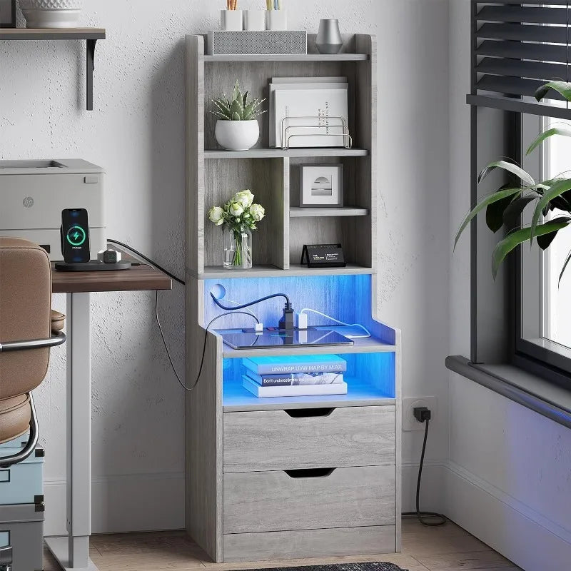 Tall Nightstand with Charging Station & LED Lights, White W/ Bookshelf, Drawers