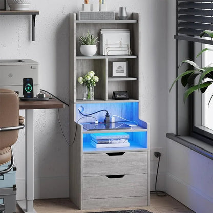 Tall Nightstand with Charging Station & LED Lights, White W/ Bookshelf, Drawers