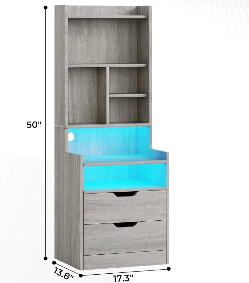 Tall Nightstand with Charging Station & LED Lights, White W/ Bookshelf, Drawers