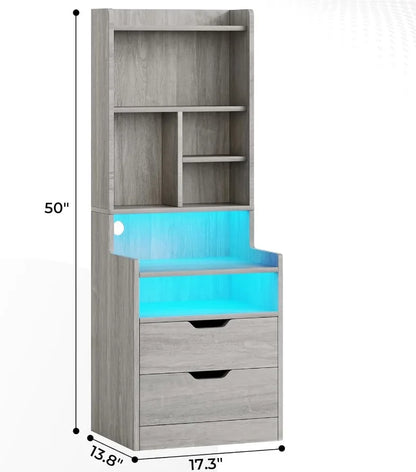 Tall Nightstand with Charging Station & LED Lights, White W/ Bookshelf, Drawers