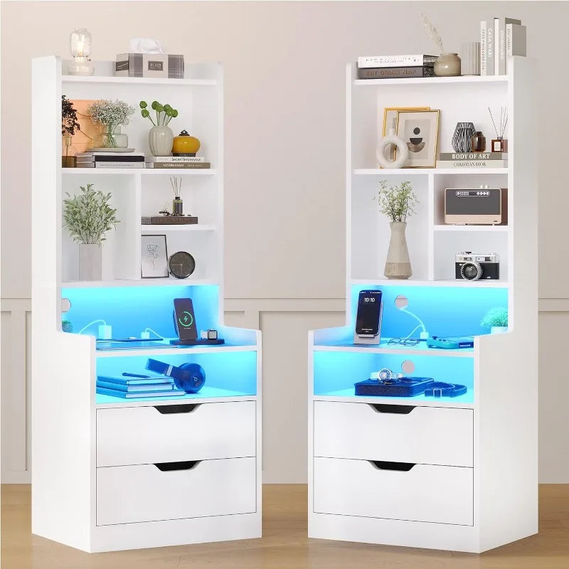 Tall Nightstand with Charging Station & LED Lights, White W/ Bookshelf, Drawers