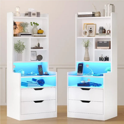 Tall Nightstand with Charging Station & LED Lights, White W/ Bookshelf, Drawers