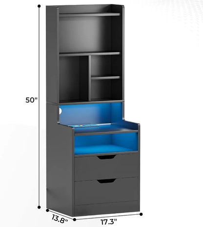 Tall Nightstand with Charging Station & LED Lights, White W/ Bookshelf, Drawers