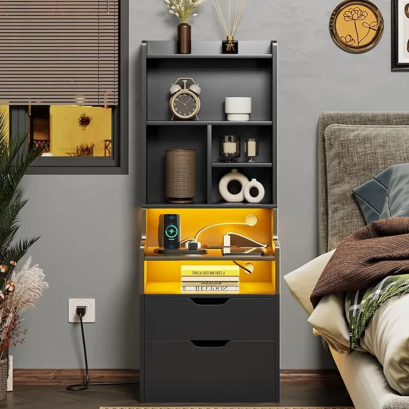 Tall Nightstand with Charging Station & LED Lights, White W/ Bookshelf, Drawers