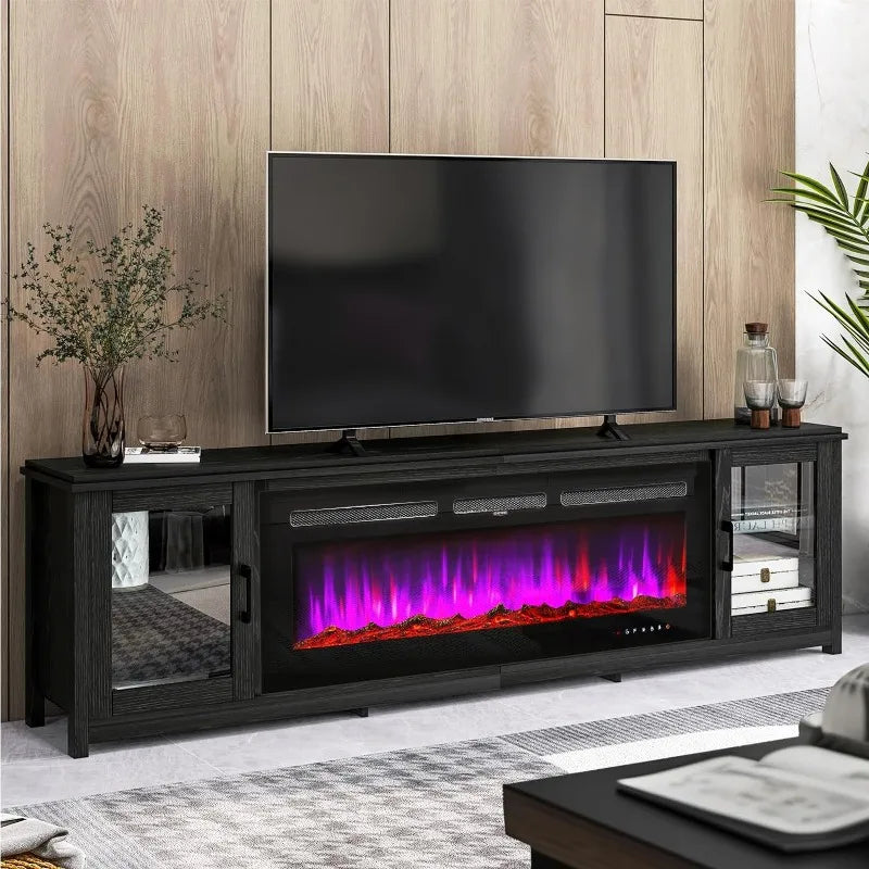 Modern TV Stand with Electric Fireplace, 78" Freestanding Media Console, Black