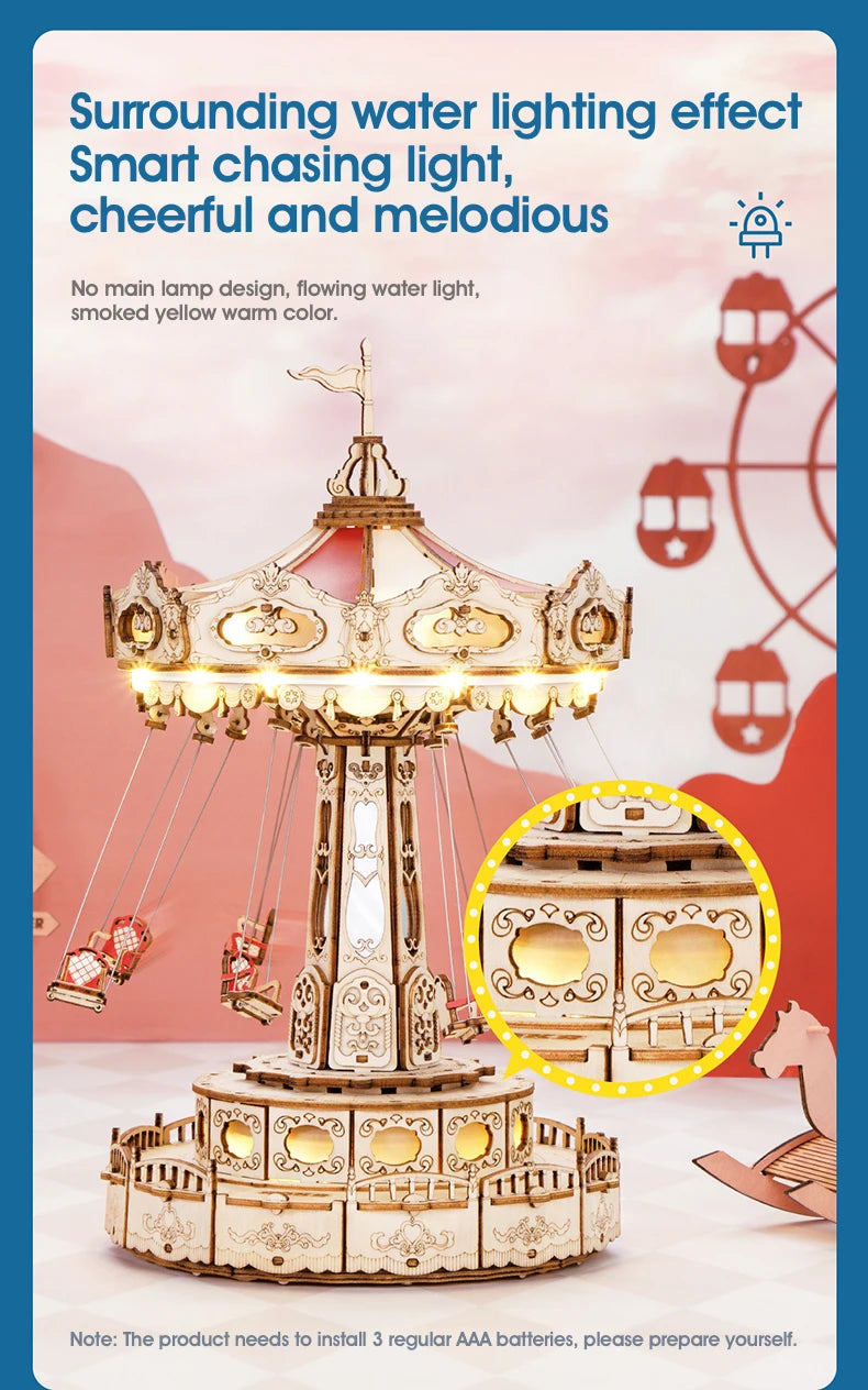 DIY Swing Ride Music Box, 3D Wooden Puzzle Amusement Park Toy for Kids & Adults