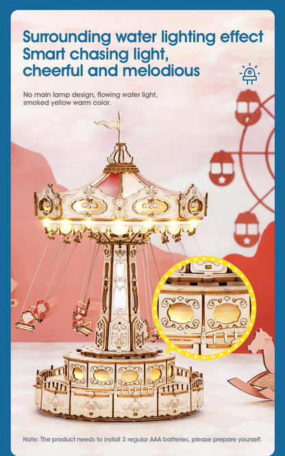 DIY Swing Ride Music Box, 3D Wooden Puzzle Amusement Park Toy for Kids & Adults