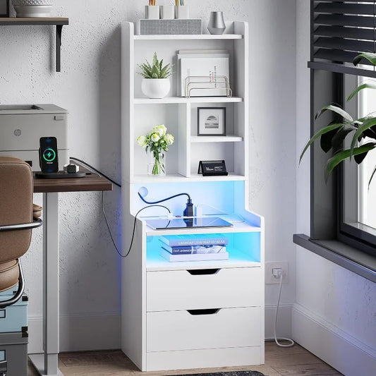 Tall Nightstand with Charging Station & LED Lights, White W/ Bookshelf, Drawers