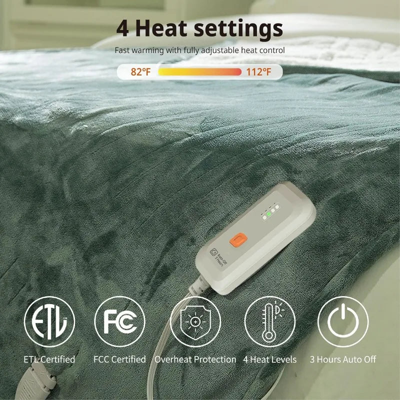 Electric Heated Blanket 50''x60'' Soft Plush, 4 Heat Levels, 3-Hour Auto Off