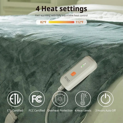 Electric Heated Blanket 50''x60'' Soft Plush, 4 Heat Levels, 3-Hour Auto Off