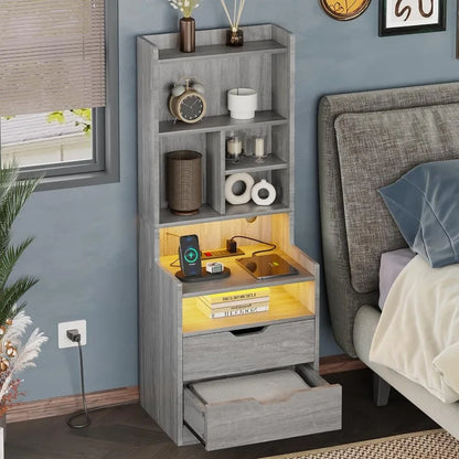 Tall Nightstand with Charging Station & LED Lights, White W/ Bookshelf, Drawers