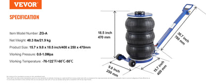 Heavy-Duty 3 Ton/5 Ton Air Bag Jack, Quick Lift Pneumatic Car Jack