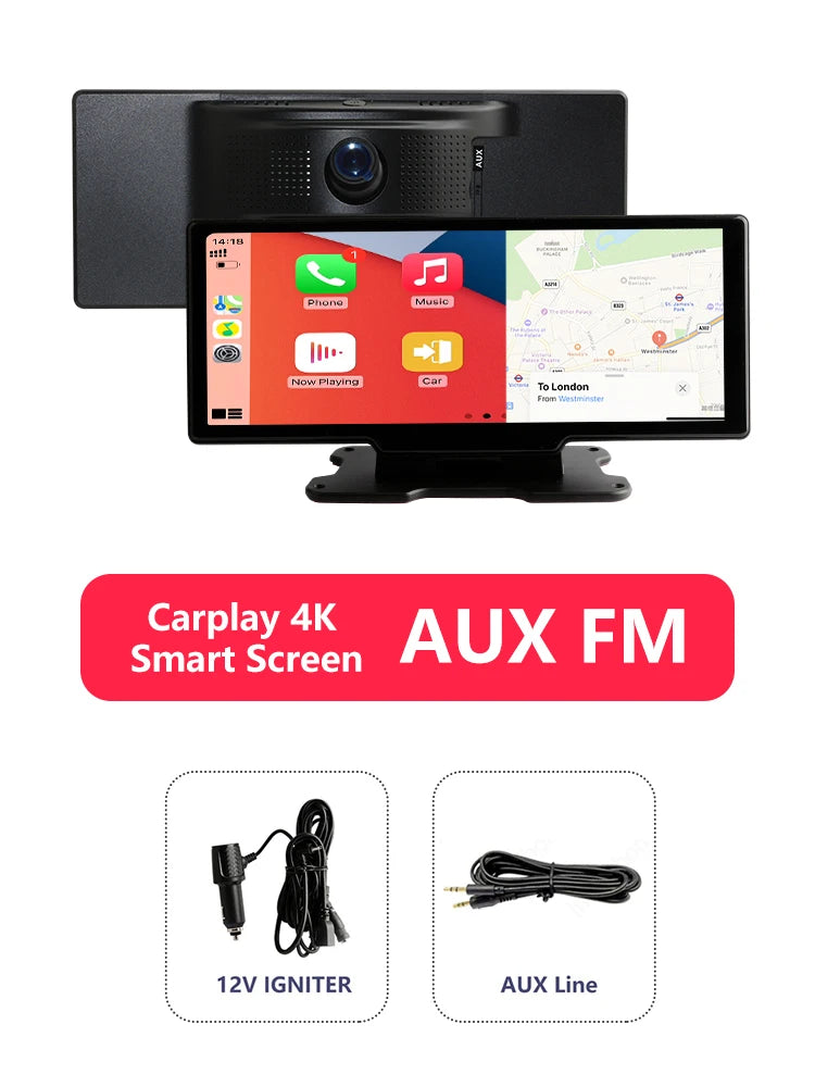 4K Car Dash Cam with 10.26" Touchscreen, Dual Lens, WiFi, CarPlay & Android Auto