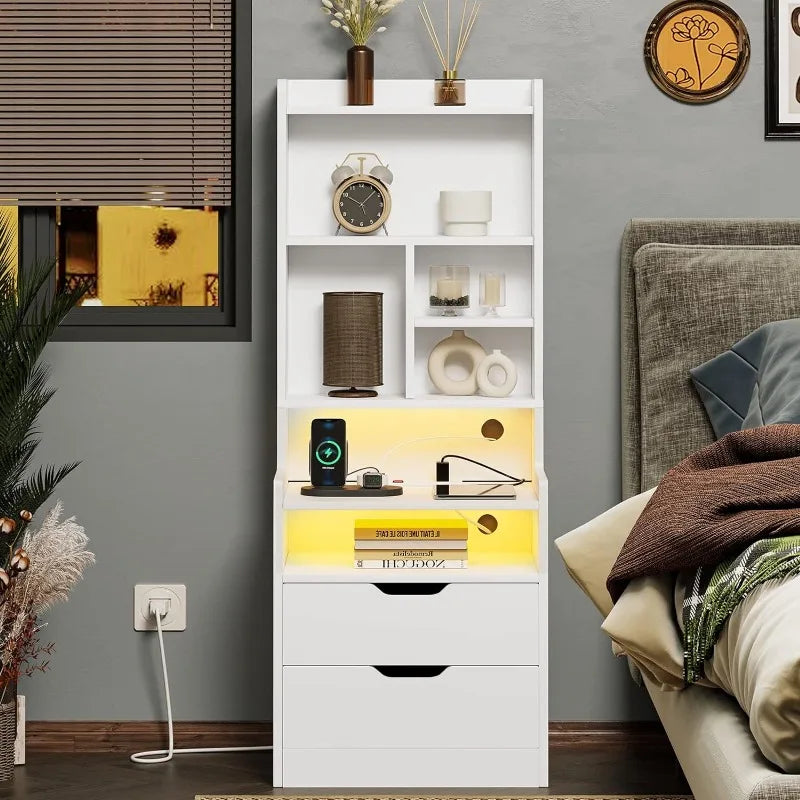 Tall Nightstand with Charging Station & LED Lights, White W/ Bookshelf, Drawers