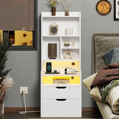 Tall Nightstand with Charging Station & LED Lights, White W/ Bookshelf, Drawers