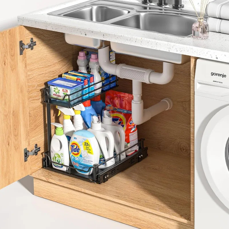 Expandable Metal Under Sink Organizer with Sliding Shelf, Rust-Resistant