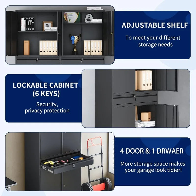 Lockable Metal Storage Cabinet with Adjustable Shelves, Garage & Office Use
