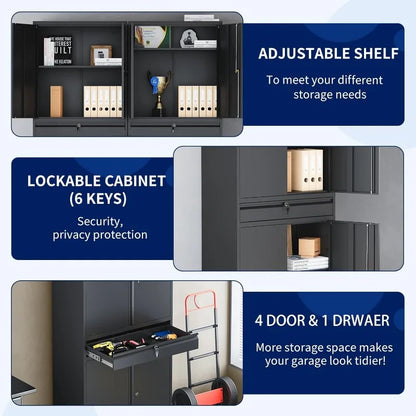 Lockable Metal Storage Cabinet with Adjustable Shelves, Garage & Office Use
