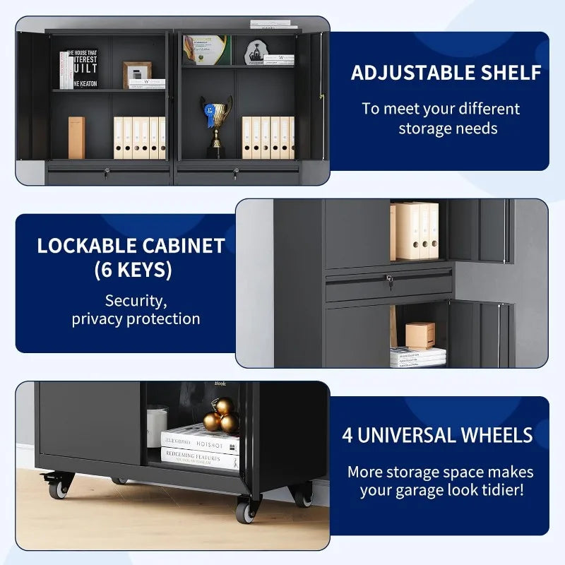 Lockable Metal Storage Cabinet with Adjustable Shelves, Garage & Office Use