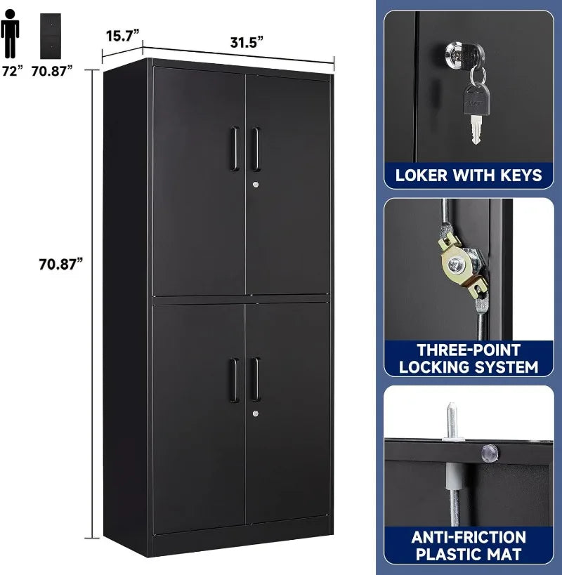 Lockable Metal Storage Cabinet with Adjustable Shelves, Garage & Office Use