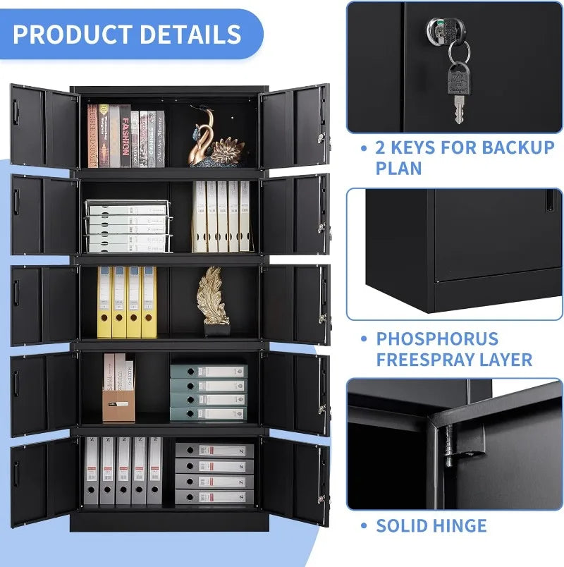 Lockable Metal Storage Cabinet with Adjustable Shelves, Garage & Office Use