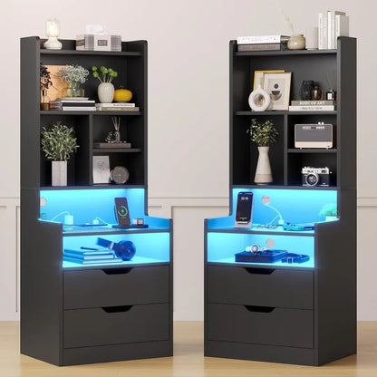 Tall Nightstand with Charging Station & LED Lights, White W/ Bookshelf, Drawers