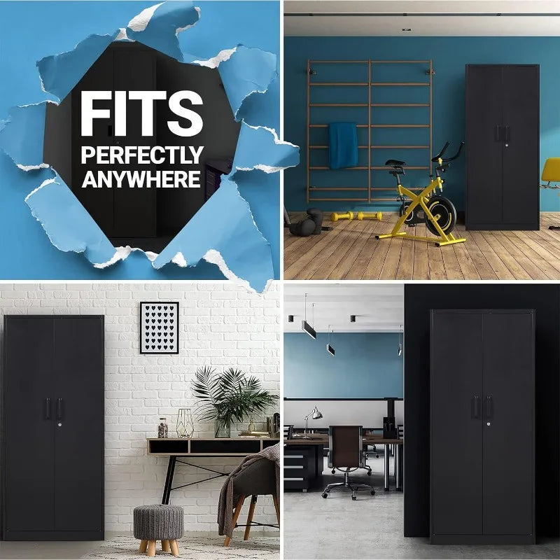 Lockable Metal Storage Cabinet with Adjustable Shelves, Garage & Office Use
