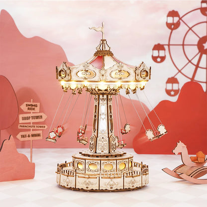 DIY Swing Ride Music Box, 3D Wooden Puzzle Amusement Park Toy for Kids & Adults
