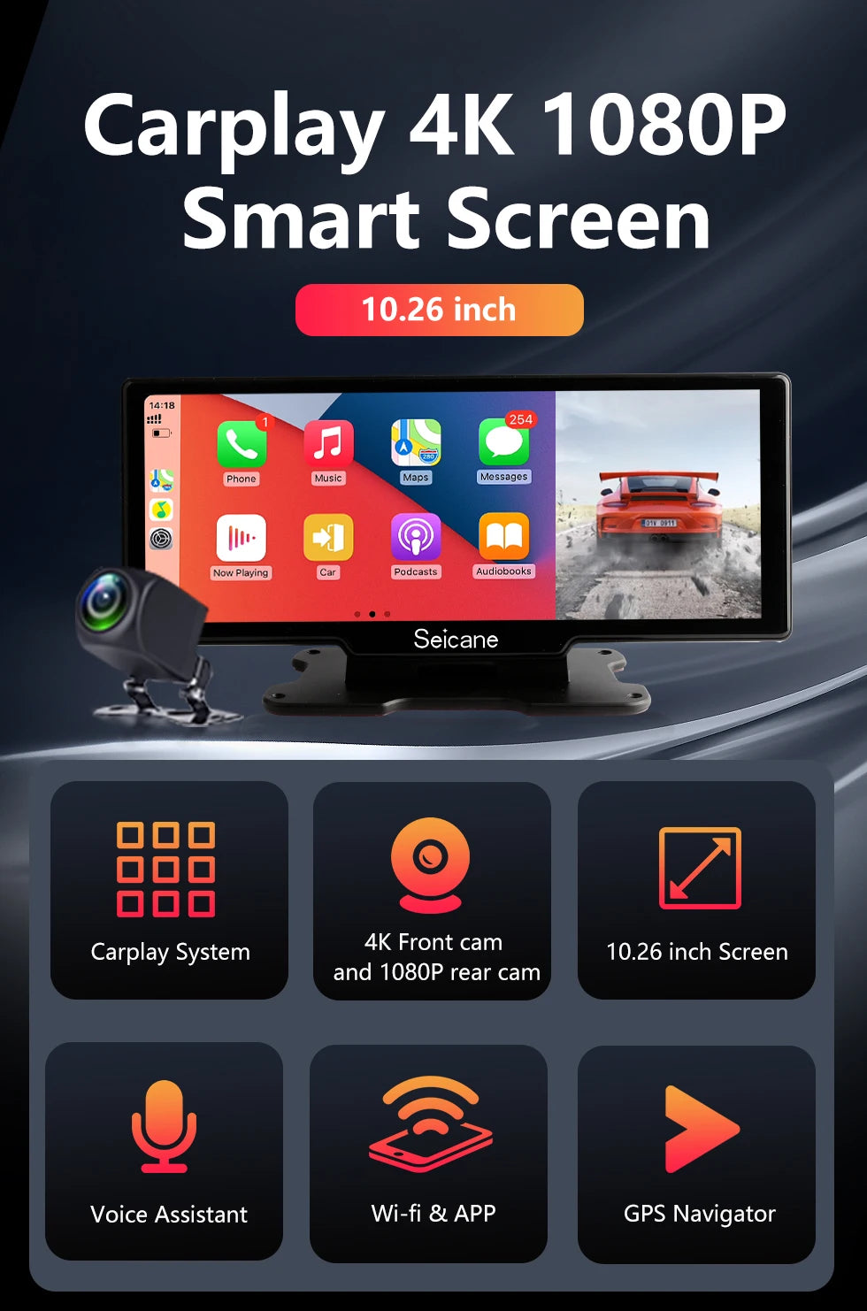 4K Car Dash Cam with 10.26" Touchscreen, Dual Lens, WiFi, CarPlay & Android Auto
