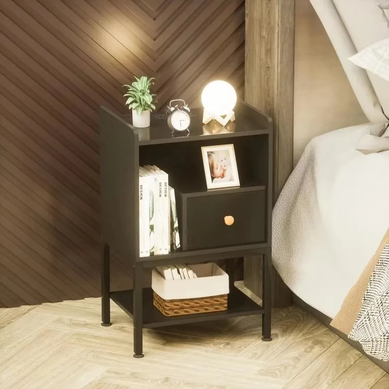 Nightstand with Charging Station, 3-Tier End Table with Storage Drawers