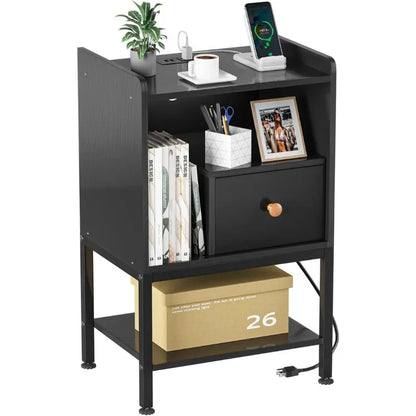 Nightstand with Charging Station, 3-Tier End Table with Storage Drawers
