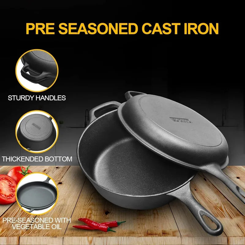 Cast Iron Dutch Oven & Skillet Set with Dual Handles, Pre-Seasoned