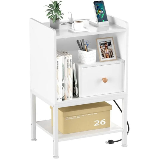 Nightstand with Charging Station, 3-Tier End Table with Storage Drawers