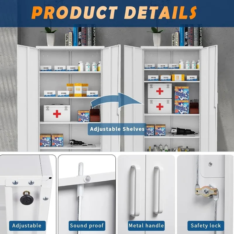 Lockable Metal Storage Cabinet with Adjustable Shelves, Garage & Office Use
