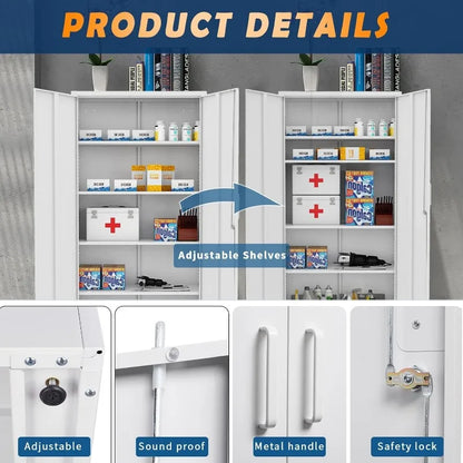 Lockable Metal Storage Cabinet with Adjustable Shelves, Garage & Office Use