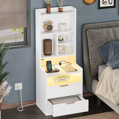 Tall Nightstand with Charging Station & LED Lights, White W/ Bookshelf, Drawers
