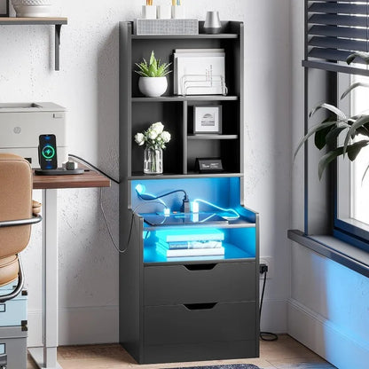 Tall Nightstand with Charging Station & LED Lights, White W/ Bookshelf, Drawers